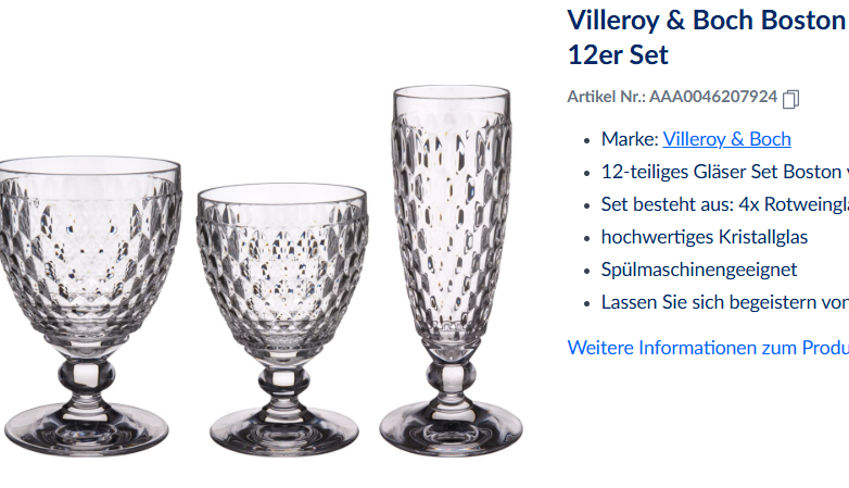Schwere Kristallgläser der Serie Boston von Villeroy und Boch