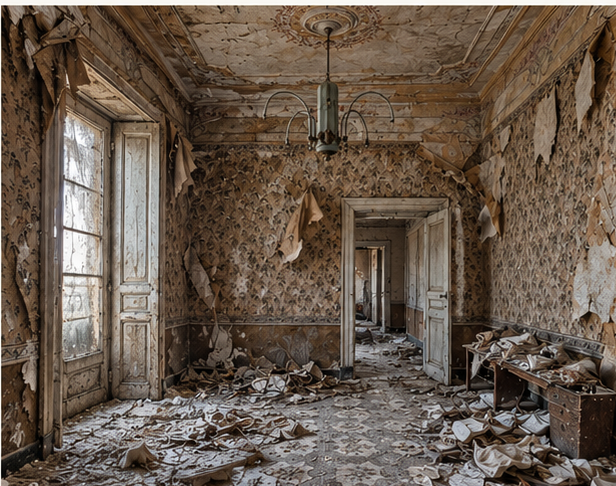 Stark heruntergekommener Raum im Palazzo Migliacci mit historischem Fliesenboden und bemalten Wänden